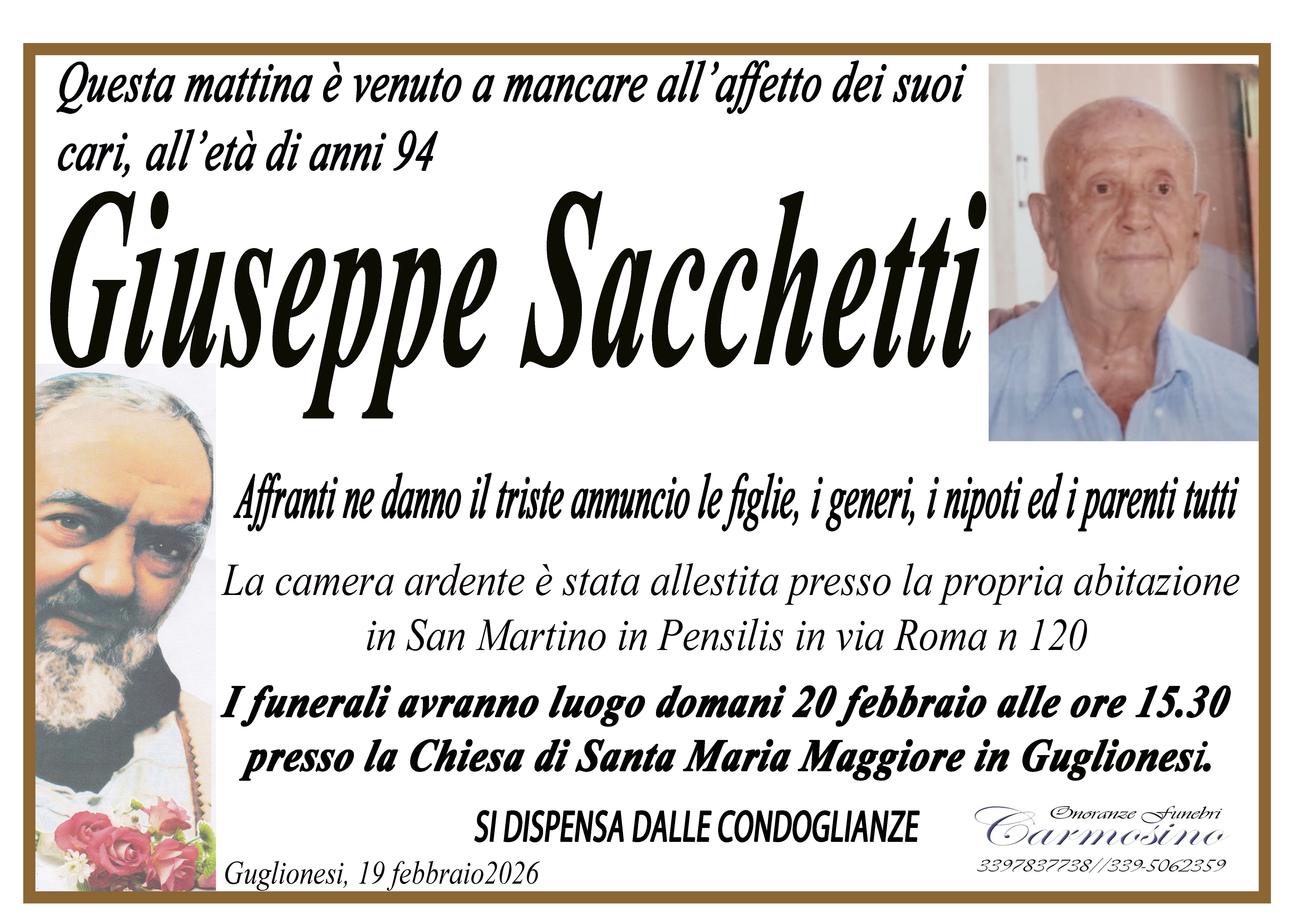 Necrologio Giuseppe Sacchetti